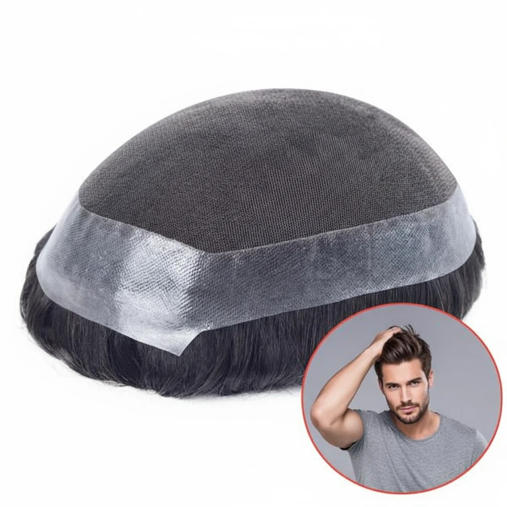 HHB Lace Hair Systems for Men with SkinHHB  Perimeter Easy Tape Attached Poly Skin Around Men Hair Systems Realistic Human Hair Pieces For Men